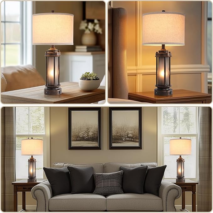 25'' Farmhouse Table Lamp with 2 USB Charging Ports, Rustic Vintage Nightstand Lamp with Frosted Glass Nightlight, Retro Desk Lamp for Living Room Bedroom End Table Entryway, 2 Bulbs Included - Bloomnest