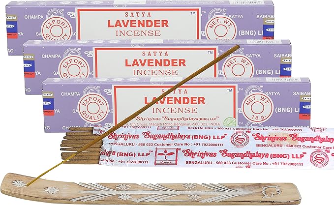 Satya Lavender Incense Sticks, Satya Bng (Bangalore) Insenses 15gmx3 Pack (45 GMS) with Raajsee Incense Holder Bundle, Satya Nagchampa Natural Incense - Bloomnest