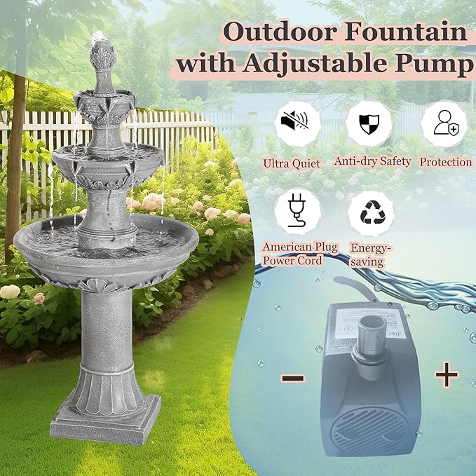 MAGIC UNION Outdoor Garden Water Fountains, 48.4''H Italian Style Fountain and Waterfall Outside, 3-Tier Large Bubbler Cascading Indoor Floor Fountain Features with Pump for Home Yard Decor (Gray) - Bloomnest