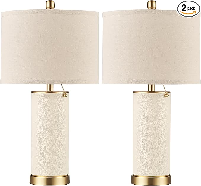 KDG 23.4" White PU Leather Table Lamps for Living Room Set of 2, 3 Level Brightness LED Modern Home Decor Fabric Lampshade Desk Lamp Lighitng for Bedroom, Bedside, Farmhouse, Nightstand, Night Light - Bloomnest