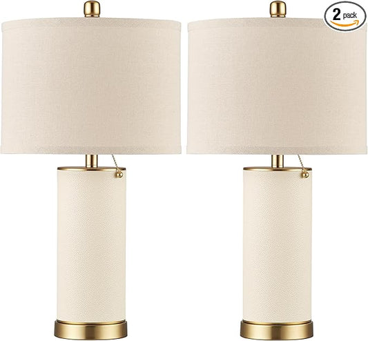 KDG 23.4" White PU Leather Table Lamps for Living Room Set of 2, 3 Level Brightness LED Modern Home Decor Fabric Lampshade Desk Lamp Lighitng for Bedroom, Bedside, Farmhouse, Nightstand, Night Light - Bloomnest