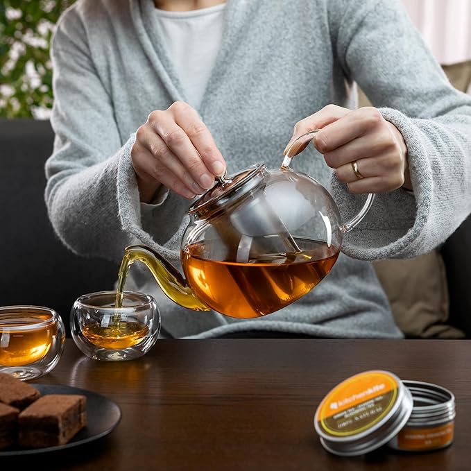Glass Teapot Set with 4 Double Wall Teacups & Removable Stainless Steel Infuser - Microwave Dishwasher Safe Clear Blooming Loose Leaf Teas, Tea Maker Gift - Bloomnest