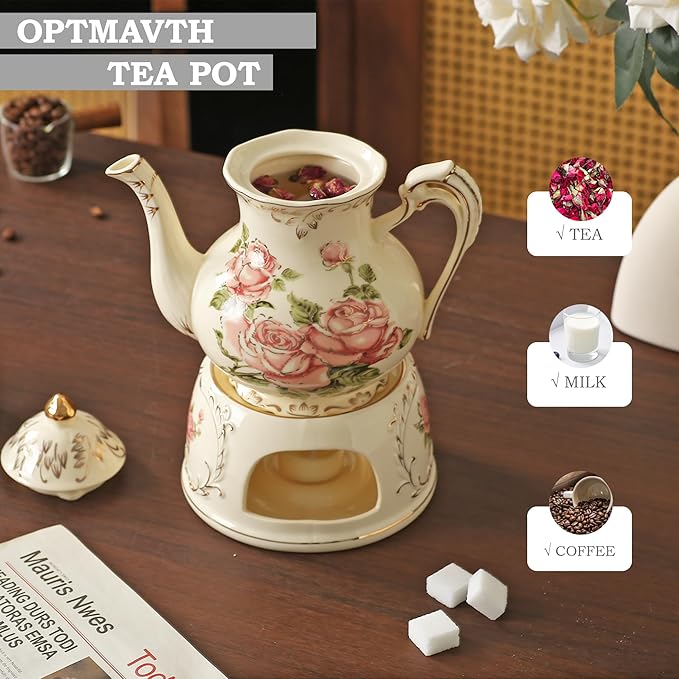 Vintage Ceramic Tea Pot, Heatable with Warmer, Decor for Party, Camping or Wedding, 25 oz/ 2 Cup, White with Pink Roses & Gold Trim - Bloomnest