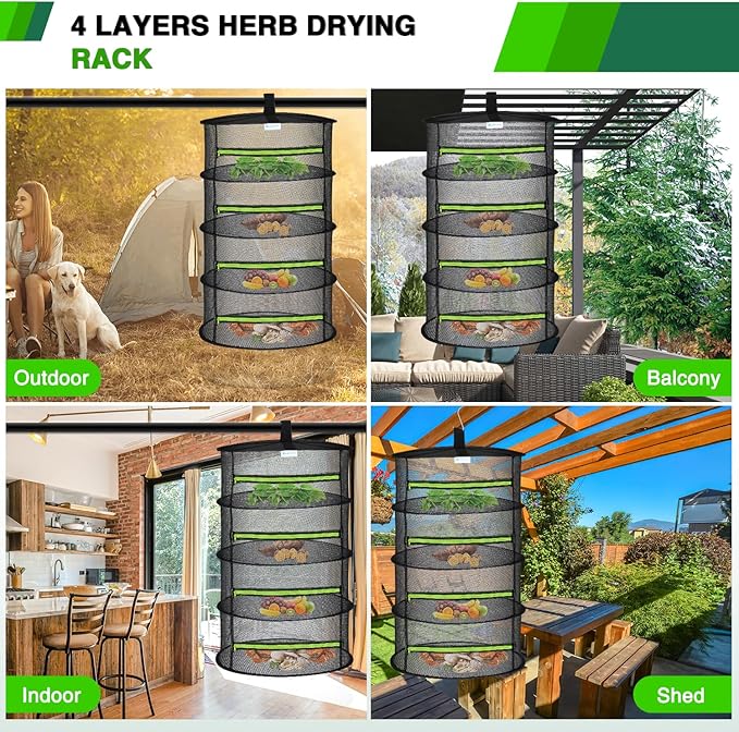Yesker 4 Layer Herb Drying Rack Hanging Mesh Net Foldable Plant Drying Racks 24" w Green Zipper Pruning Shears Hook Dryer Hanging Rack for Herbs Seed Bud Fruit Clothes Grow Tent Closets Garden Outdoor - Bloomnest