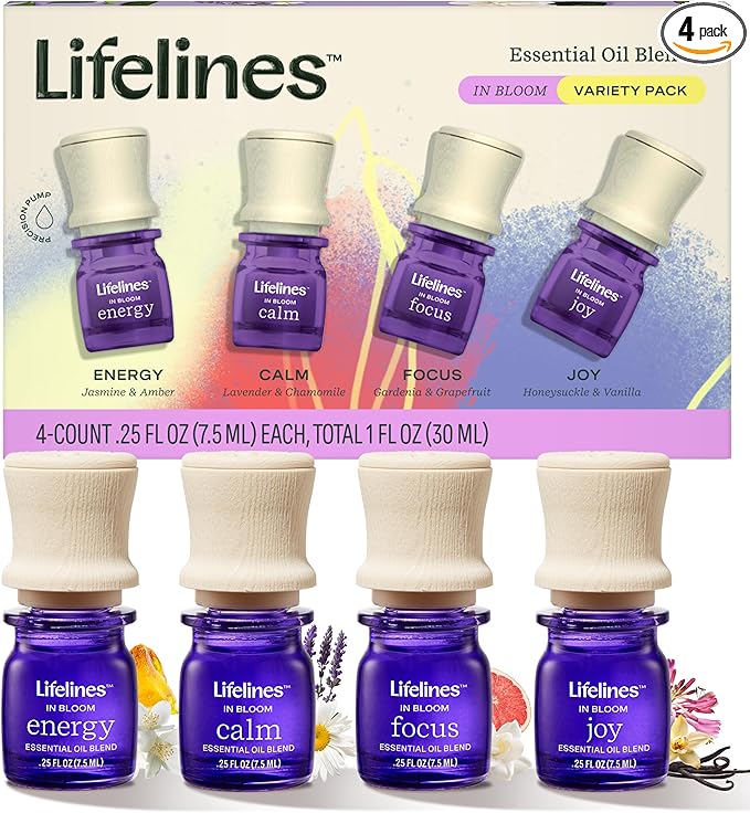 Lifelines Essential Oil Blends, 4-Pack - Blended Essential Oils with Precision Pump for Aromatherapy Diffusers - Long-Lasting Scented Fragrance - in Bloom (Joy, Calm, Focus & Energy) - Bloomnest