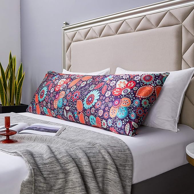 MR&HM Satin Body Pillow Cover, Soft and Breathable Body Pillow Case with Envelope Closure, Cooling and Silky Long Pillowcase for Hair and Skin,Grey (20x54, Sunflower) - Bloomnest