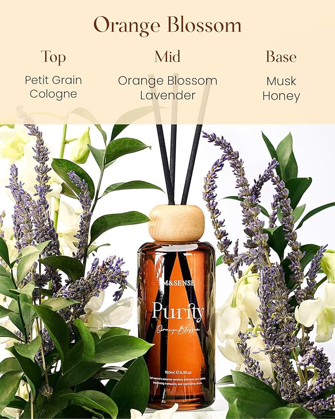 M&SENSE Orange Blossom Reed Diffuser: Upgraded Formula 6.3 fl oz Non-Toxic Aroma Set with Sticks, Long-Lasting Natural Essential Oil Gifts for Home, Bedroom