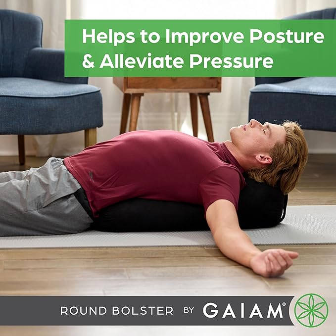 Gaiam Round Yoga Bolster Pillow, Soft Meditation Cushion for Yoga, Massage and Back Support, Breathable Cotton Fill, Zippered Microfiber Cover, Easy-Carry Handle, Machine Washable