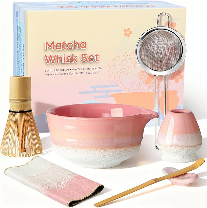 Matcha Whisk Set, Ceramic Matcha Set Desert Series, Matcha Bowl, Matcha Whisk and Holder, Bamboo Scoop, Scoop Rest, Sifter and Tea Towel 7 Pcs Matcha Kit for Birthday Christmas Gift (Pink) - Bloomnest