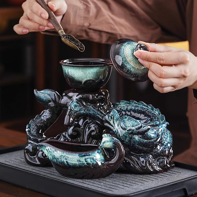 Semi Automatic Tea Set Ceramic Teapot with Infuser Magic Teapot with 8 cups Gradient Color (Gradient Dragon- D) - Bloomnest
