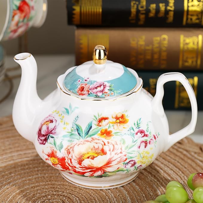 fanquare 21-Piece Green and Floral Porcelain Tea Set, Vintage Ceramic Tea Cup and Saucer Set for 6, Teapot Set for Women Party - Bloomnest