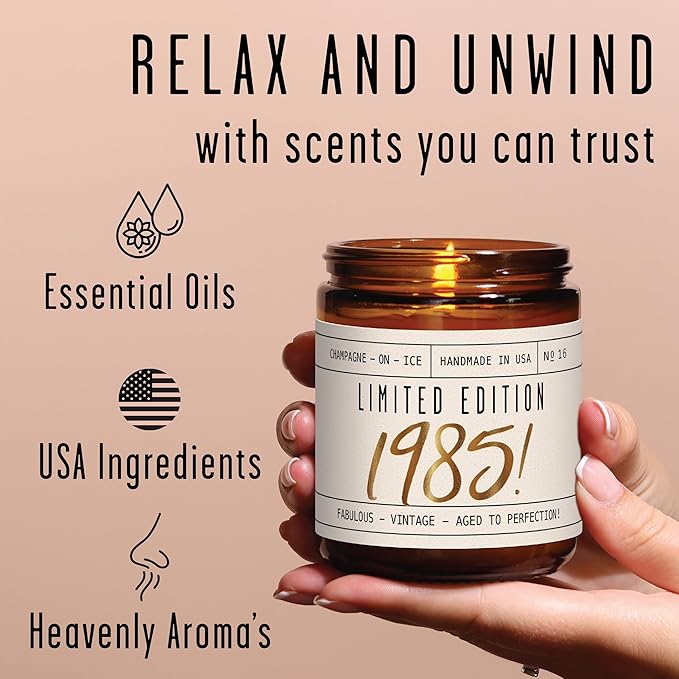 40th Birthday Gifts for Women Unique - 'Limited Edition 1985' Soy, w/Champagne on Ice I 40 Year Old Birthday Gifts for Women I 9oz Reusable Jar, 50Hr Burn, Made in USA - Bloomnest