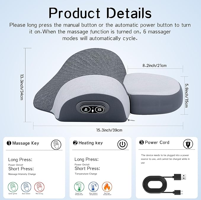 JINXIA Pillow Massage Neck Hump –Fisiorest 3-in-1 Neck Massager Pillow with Heat, Deep Tissue Relief & Neck Traction, Cervical Support & Hump Corrector for Women and Men, Memory Foam Support(Grey)