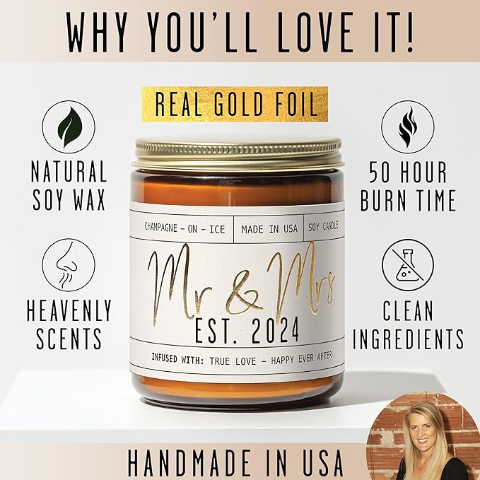 Wedding Gifts for Couples 2024, Mr and Mrs Gifts - 'Mr & Mrs Est. 2024' Candle, w/Champagne on Ice I Unique Newlywed Wedding Gifts for Couple I Wedding Shower Gifts Bride & Groom I 50Hr Burn,USA Made - Bloomnest