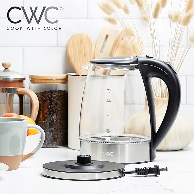 COOK WITH COLOR Electric Tea Kettle, 1.8L Cordless Hot Water Boiler, 1200W Rapid Boil, Auto Shutoff & Boil Dry Protection, BPA-Free, Sleek Countertop Design, Black - Bloomnest