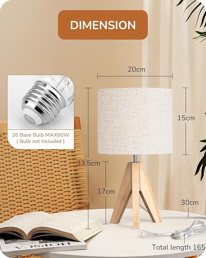 EDISHINE Small Table Lamp, Boho Bedside Lamp with Linen Fabric Shade, Wood Tripod Nightstand Lamp for Nursery, Living Room, Bedroom, Narrow End Table, UL Listed, 14.2 Inch, ON/Off Switch - Bloomnest