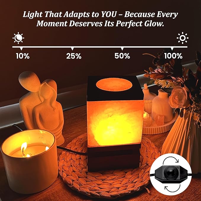 POHS 100% Authentic Cube Shape Himalayan Pink Salt Lamp with Brown Wooden Base, Dimmer Switch Cord and Two Bulbs, Night Light for Home and Office Table and Desk, Gift and Decor - Bloomnest