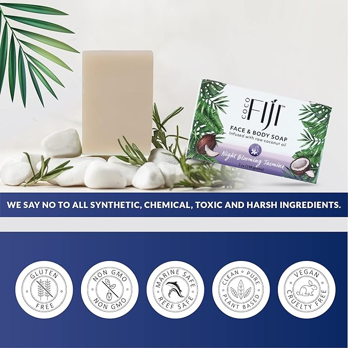 "Coco Fiji Soap Bar for Face and Body Infused With Organic Coconut Oil, Night Blooming Jasmine Essential Oil, Natural Soap for Moisturizing & Pore Purifying Skin, 7 oz, Pack Of 2 "