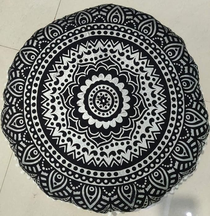 INDIAN CRAFT CASTLE 24" Black Silver Mandala Barmeri Large Floor Pillow Cover Cushion Meditation Seating Ottoman Throw Cover Hippie Decorative Zipped Bohemian Pouf Ottoman Pom Pom Cases 24" Round - Bloomnest