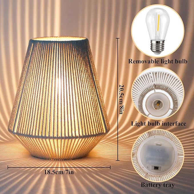 JHY DESIGN Set of 2 Woven Lampshade Table Lamps 8" H Cotton Rope Bedside Light‌s Cordless Decorative Battery Operated Lamps with 6 Hours Timer for Bedroom Living Room Home Parties Patio Events - Bloomnest