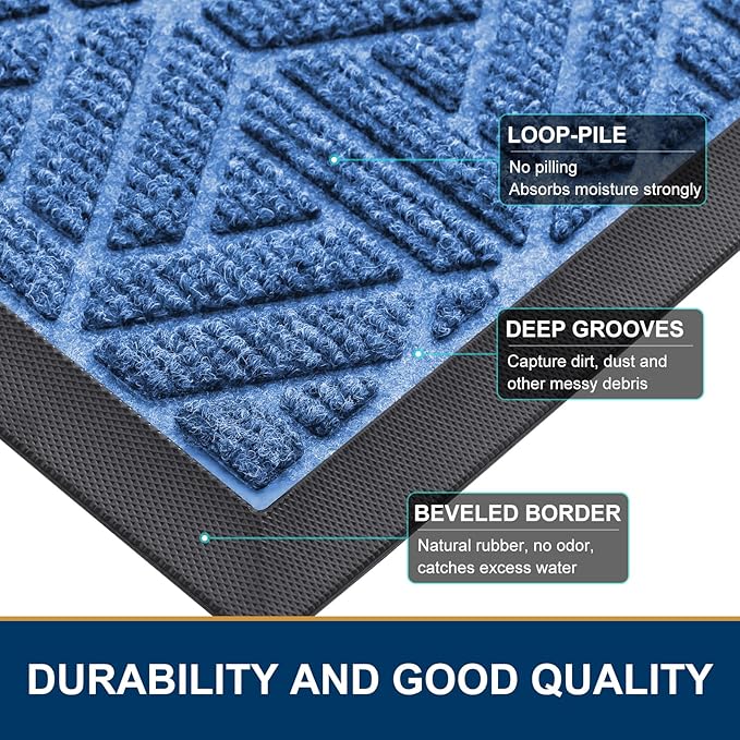 Smiry Front Door Mat Outside Entrance, Heavy Duty Sturdy Natural Rubber Doormat, Trap Dirt and Moisture, Easy Clean Low Profile Mats for Indoor Outdoor Entry, Grid Geometric (36x24, Blue) - Bloomnest