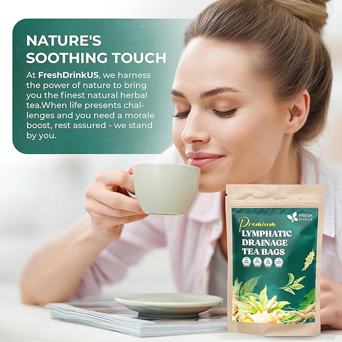 FreshDrinkUS, Lymphatic Drainage Tea | 30 Tea Bags | Herbal Tea Bags with Ginger, Dandelion Root, Burdock Root, Mullein, Calendula, Lemongrass, Rose, Licorice & Tulsi – Caffeine-Free Herbal Blend - Bloomnest
