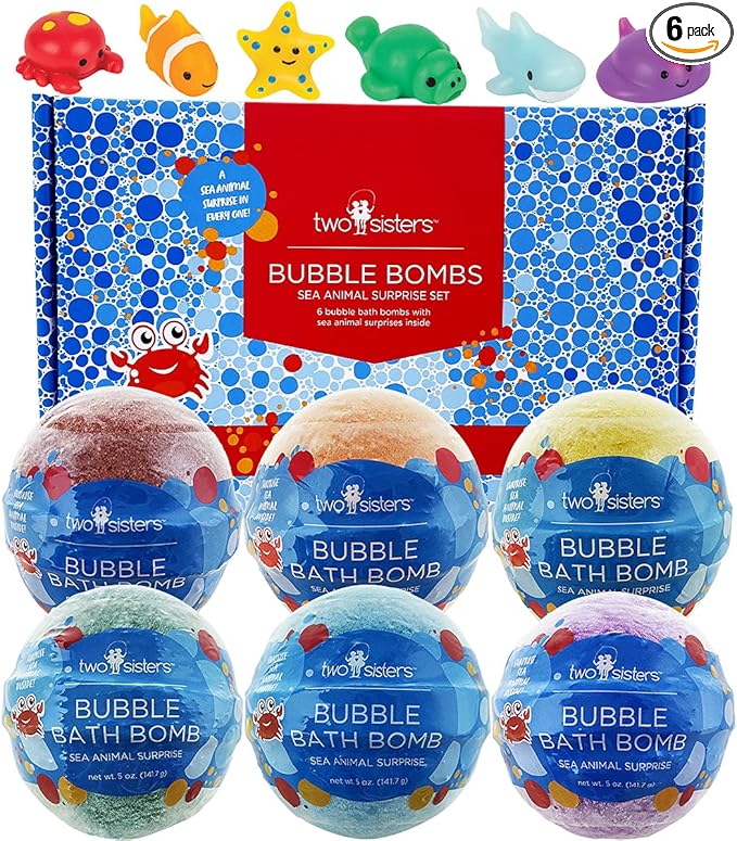 Sea Animal Bath Bombs for Kids with Surprise Toys Inside (6 Pack) - Bubble Bomb Stocking for Girls and Boys, Gentle and Safe Ingredients, USA Made, Ideal Gift for Children & Teens by Two Sisters - Bloomnest