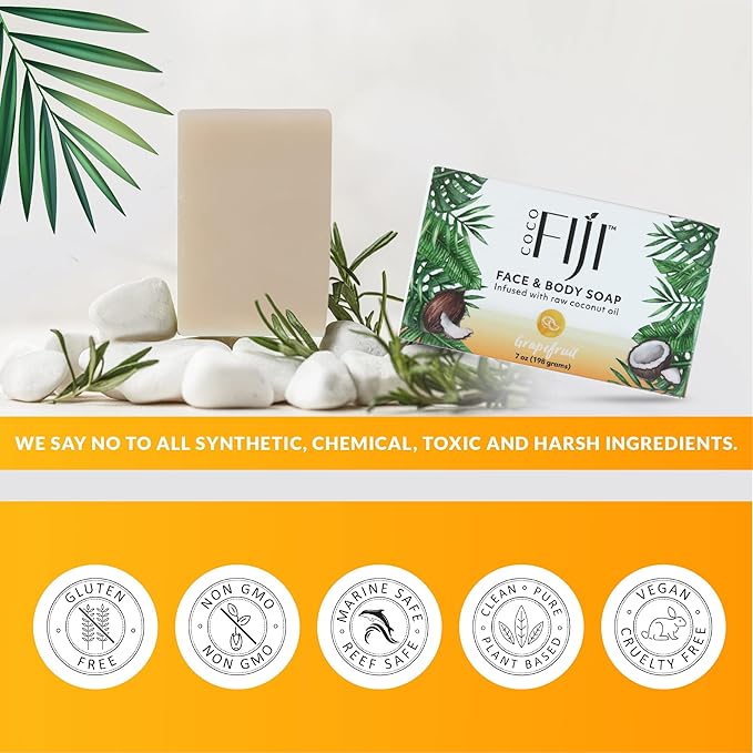Coco Fiji Soap Bar for Face and Body Infused With Organic Coconut Oil, Grapefruit, Essential Oil, Natural Soap for Moisturizing & Pore Purifying Skin, 7 oz,Pack of 3