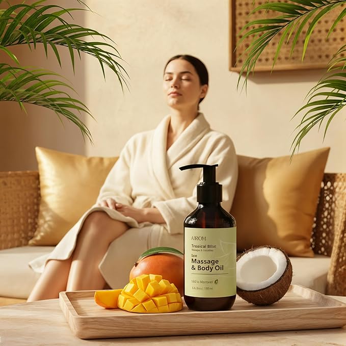 AiROM Mango & Coconut Massage Oil for Massage Therapy – Tropical Bliss - Scented Body Oil for Women – Hypoallergenic, Relaxing Aromatherapy, Non-Greasy, Nut-Free - 6.4 fl oz - Bloomnest