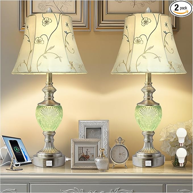 Bedside Table Lamp Set of 2 with Nightlight and USB A+C Ports, 27'' High Vintage Table Lamps with Silver Leaf Finish and Embroidered Shade, Nightstand Lamps Decor for Bedroom Living Room Home Office - Bloomnest