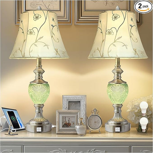 Bedside Table Lamp Set of 2 with Nightlight and USB A+C Ports, 27'' High Vintage Table Lamps with Silver Leaf Finish and Embroidered Shade, Nightstand Lamps Decor for Bedroom Living Room Home Office - Bloomnest