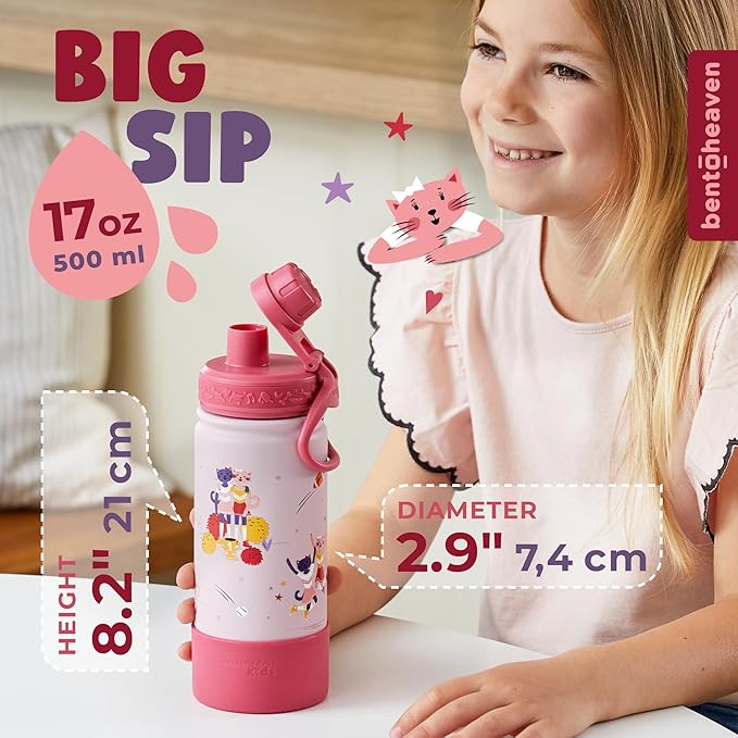 Bentoheaven Kids Water Bottle Stainless Steel for Boys & Girls, 2 Lids (Chug & Straw), Handle & Silicone Boot, Reusable Metal Leak-proof Insulated Tumbler, School & Sports 17oz (Pink) - Bloomnest