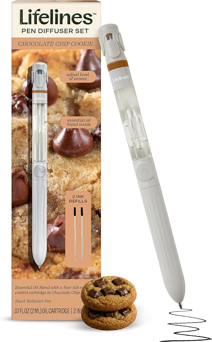 Lifelines Pen Diffuser Set, Chocolate Chip Cookie - 1mm Black Ballpoint Pen with Scented Essential Oil Blend & 2 Ink Refills – Aromatherapy Diffuser & Sensory Immersion Diffuse Aroma As You Write - Bloomnest