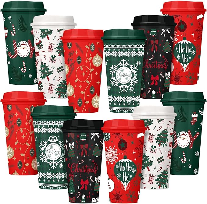 Pickmesh 12 Pack Christmas Coffee Cups Gifts Bulk 16 oz Reusable Coffee Cup Tumblers with Lid Plastic Cups Travel Mug Thank You Gifts for Women Coworkers Holiday Drinks - Bloomnest
