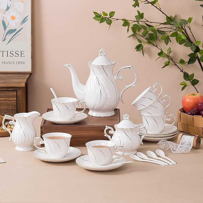 Tea Set 21-Piece Porcelain tea cups and saucers set of 6 with Sugar and Creamer Set & Teapot,teapot set for Adults, Women Tea Party,White - Bloomnest