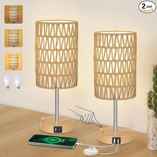 Bedside Lamps Set of 2 with Bulb, Touch Control Nightstand Lamp for Bedroom with Rattan & Linen Shade, 3 Way Dimmable Small Boho Table Lamps with USB Charging Port & Phone Stand - Bloomnest