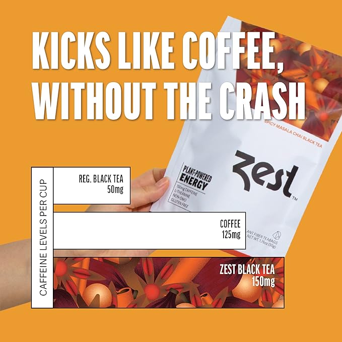 Zest 150mg High Caffeine Energy Leaf Blend - Spicy Masala Chai Black Tea - 20 Pack Bag - All Natural Strong Flavored Healthy Coffee Alternative Highly Caffeinated Substitute - Perfect for Keto Diet - Bloomnest