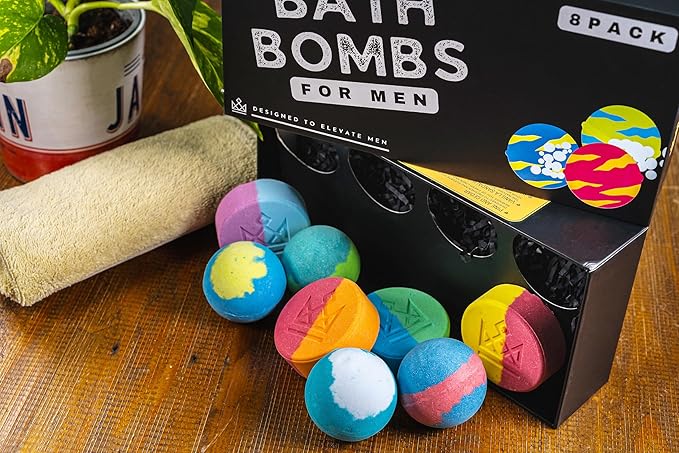 Bath Bombs for Men - Unique Sphere & Disc Shape - 8 Bath Bombs Mix of 5oz & 2.5oz - Gifts for Men - Bubble Bath Set - Bloomnest