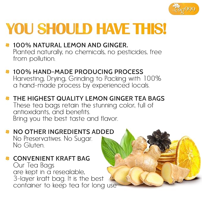 TOG999, Premium Lemon Ginger Tea Bags | 120 Tea Bags | Refreshing Herbal Blend with Bright Citrus & Warming Ginger | Naturally Caffeine-Free | 100% Plant-Based, Sustainably Sourced Herbal Tea - Bloomnest
