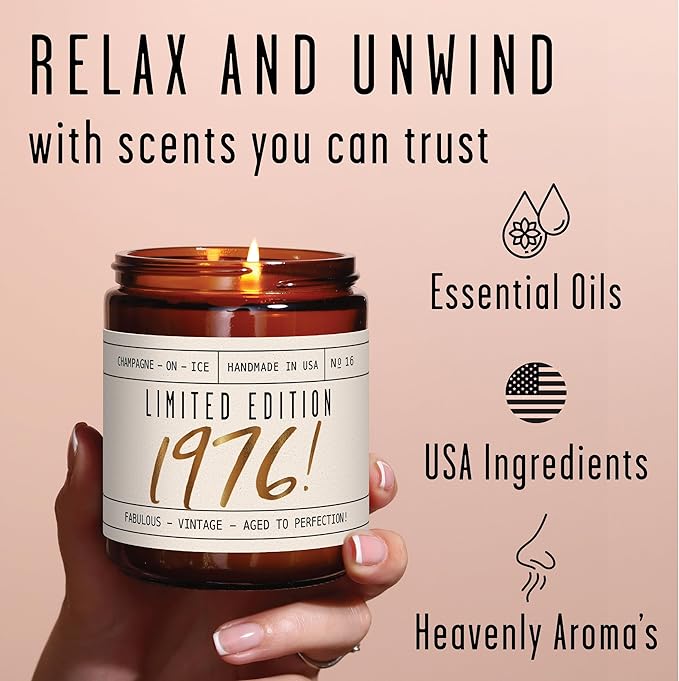 49th Birthday Gifts for Women - 'Limited Edition 1976' Soy Candle, w/Champagne on Ice I 49 Birthday Gifts for Women I 49th Gift for Her Ideas I 9oz Reusable Jar, 50Hr Burn, Made in USA - Bloomnest