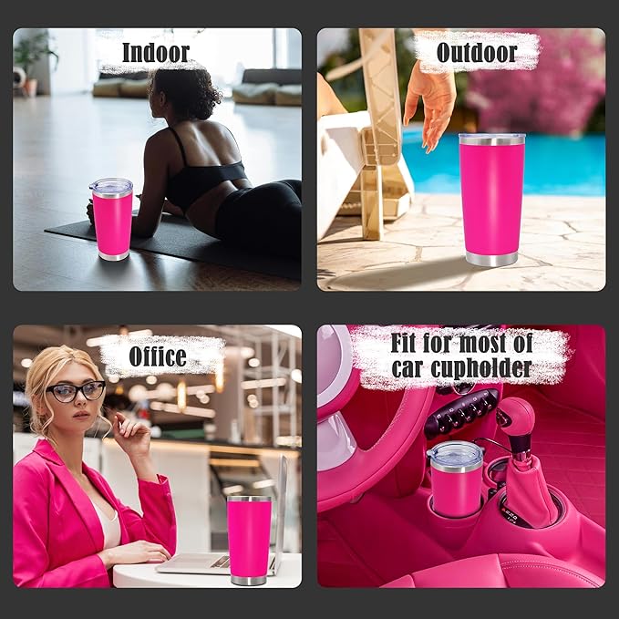 20 oz Tumbler Coffee Travel Tumblers Bulk with Lid Stainless Steel Double Wall Vacuum Insulated Mug Powder Coated Cups fit Car Cupholder for Hot and Cold - Hot Pink, 1Pack - Bloomnest