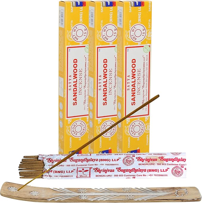 Satya Nagchampa Sandalwood Incense Sticks, Satya Bng (Bangalore) Insenses 15gmx3 Pack (45 GMS) with Raajsee Incense Holder Bundle, Satya Nagchampa Natural Incense - Bloomnest