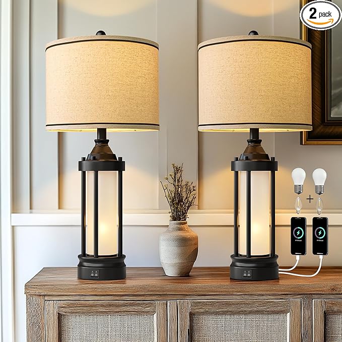 25'' Table Lamps for Bedroom Living Room Lamps Set of 2 Farmhouse Nightstand Bedside Lamps with USB Ports, Built-In Frosted Glass Night Light Industrial Metal Night Stand Lamp, Bulbs Included, Black - Bloomnest