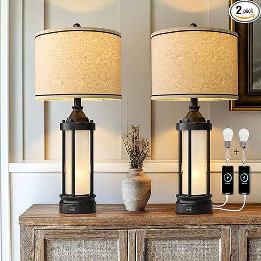 25'' Table Lamps for Bedroom Living Room Lamps Set of 2 Farmhouse Nightstand Bedside Lamps with USB Ports, Built-In Frosted Glass Night Light Industrial Metal Night Stand Lamp, Bulbs Included, Black - Bloomnest