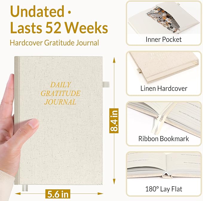 SUNEE Daily Gratitude Journal – 52 Weeks Simple 5 Minute Journal for Daily Reflection, Build Positivity and Mindfulness, Undated Minimalist Planner for Women & Men (Beige)
