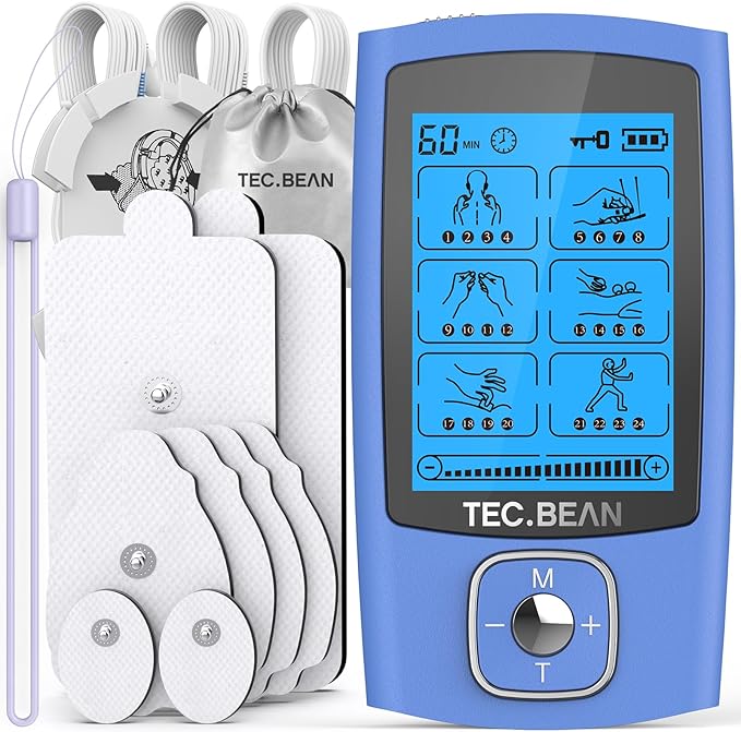 24 Modes Tens Unit Muscle Stimulator, Rechargeable Tens Machine with 8 Electrode Pads (American Gel), Electric Pulse Massager for Pain Relief Therapy（Blue） TECBEAN