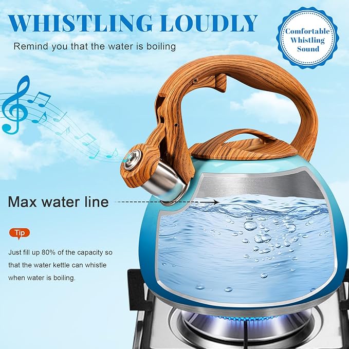 GGC Tea Kettle for Stove Top, 3.1QT/3L Whistling Tea Kettles for Boiling Water Coffee or Milk, Gradient Blue Tea Pot with Wood Parttern Handle, Stainless Steel Tea Pots for Home and Kitchen - Bloomnest