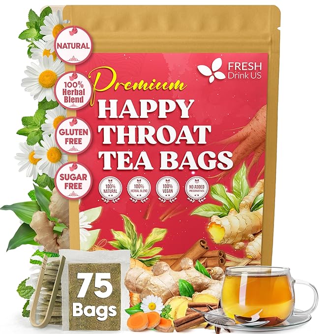 Premium Happy Throat Herbal Tea – 75 Bags Of Supper Tea Blend: Marshmallow Root, Slippery Elm & Ginger – Dry & Sore Throat Relief – Caffeine-Free, No Honey, No Citrus – No Sugar - Bloomnest