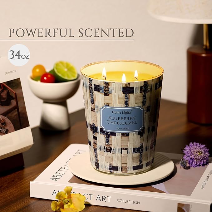 HomeLights Scented Candles for Women & Men, 34oz Candle Jars Aromatherapy 3-Wick Candle, Ideal for Rustic Modern Home Decor and Gifts, Blueberry Cheesecake - Bloomnest