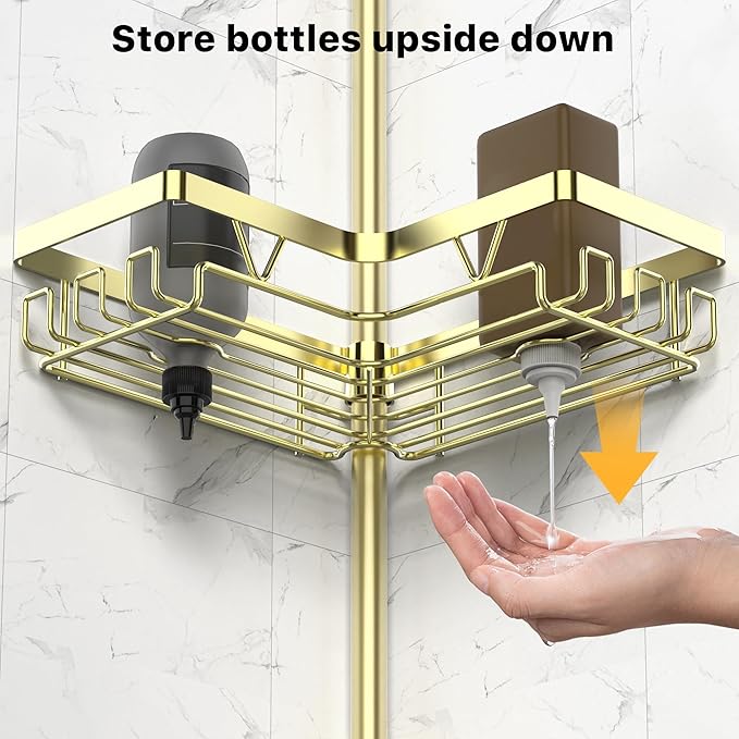 KEGII Corner Gold Shower Caddy Tension Pole - 4-Tier Rustproof Shower Rod Organizer, Floor to Ceiling Tension Rod 25-114.2 inch, Stainless Steel Corner Shower Shelf, Waterproof - Bloomnest